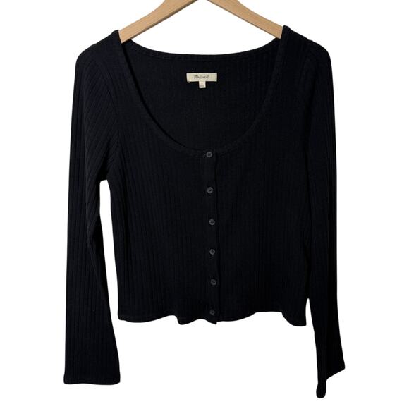 Madewell Ribbed Cardigan Crop Tee Button Down Scoop Neck True Black Large - Picture 2 of 7